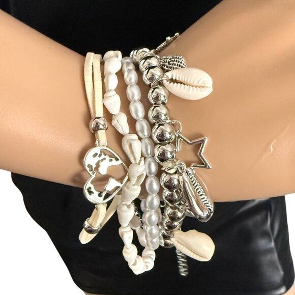 Jewelry - Set Of 4 Beach Charm Bracelet Set Shell Starfish Pearl Stretch Adjustable